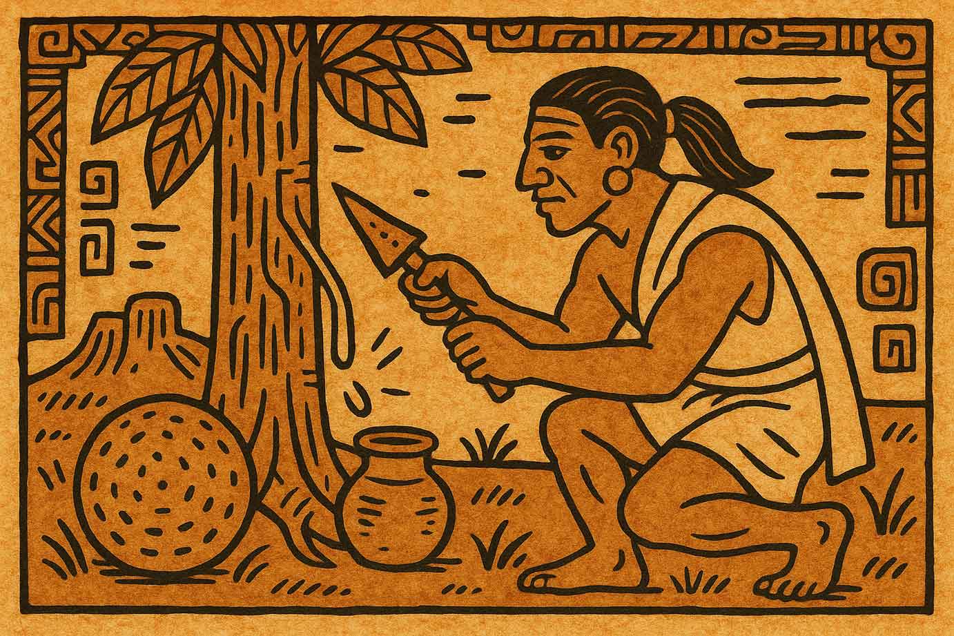 Người Mesoamerica cổ đại đang rạch cây cao su lấy mủ, minh họa theo phong cách tranh vẽ của người Maya
