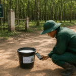 Công nhân quét mã QR để truy xuất nguồn gốc cao su